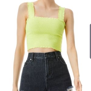 Alice + Olivia Penelope Smocked Ruffle Crop Top Women's S Neon Keylime WST003